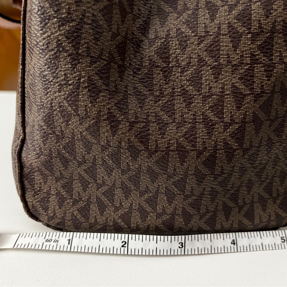Michael Kors Dark Brown Logo Tote with Gold Chain Accents 13” x 10” X 5” - Picture 5 of 16